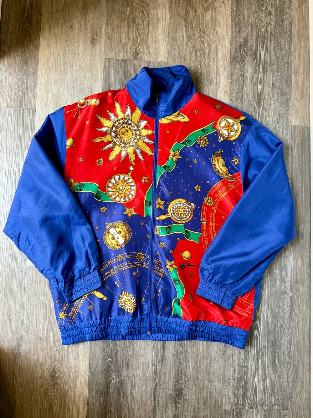Vintage Oleg Cassini Sun, Moon & Planets Graphic Royal Blue Silk Lined Jacket M